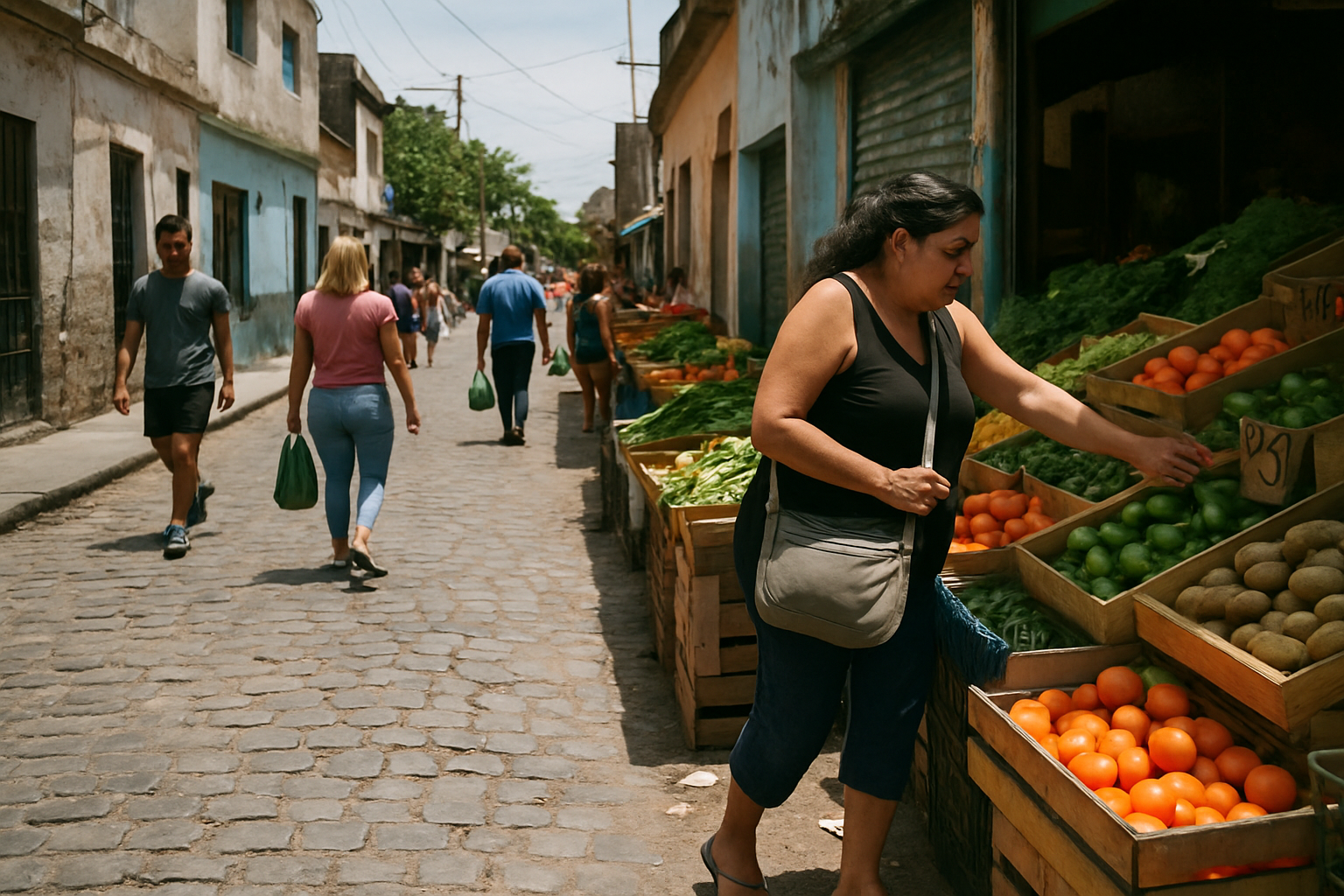 Personas caminan por una calle empedrada de un barrio humilde de Buenos Aires