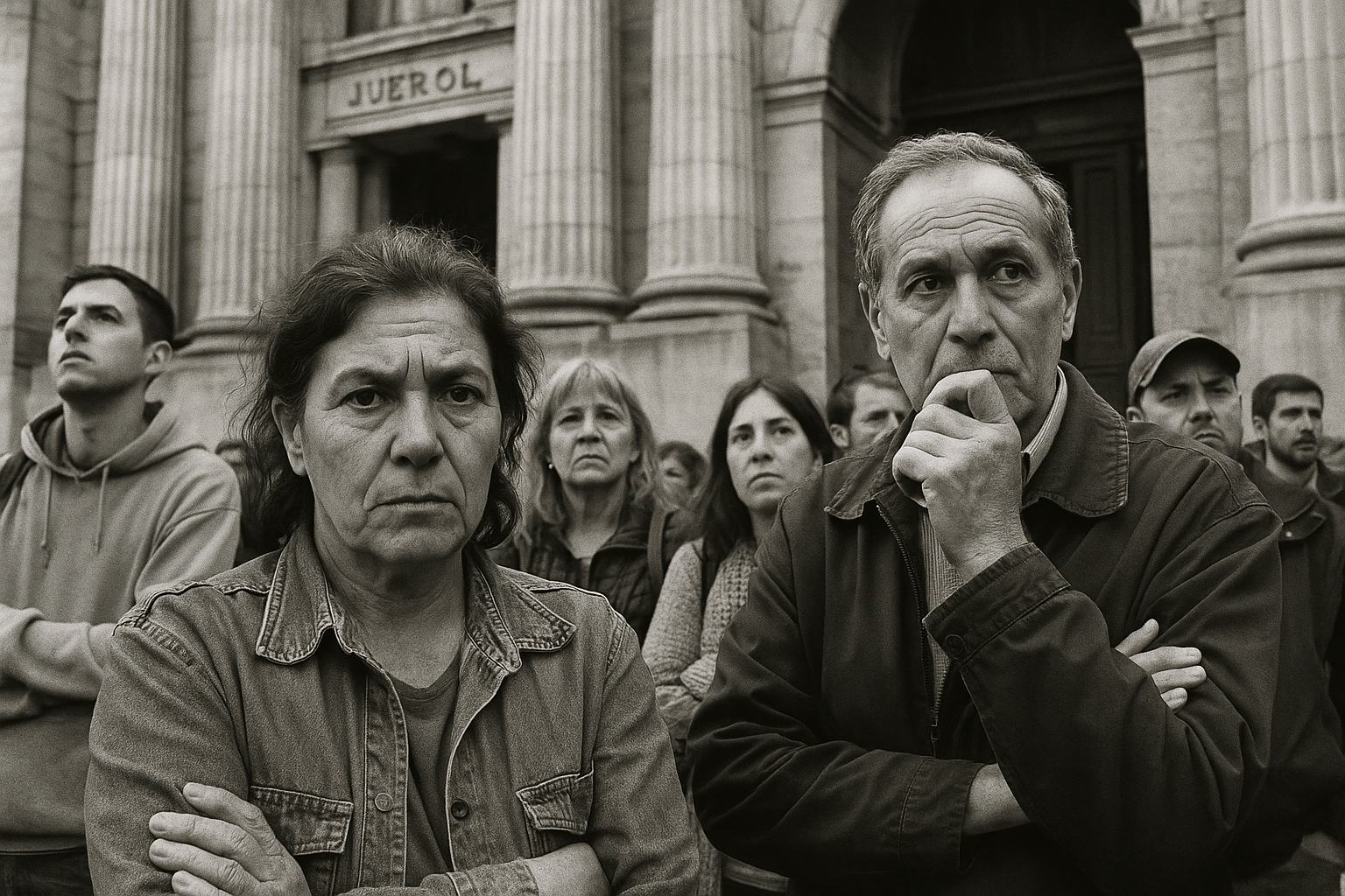 Gente esperando afuera de un juzgado en Buenos Aires