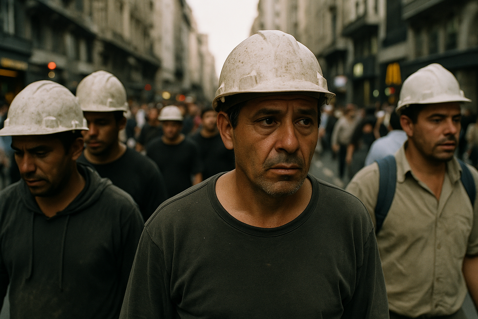 Grupo de trabajadores en calles de Buenos Aires con gorra amarilla