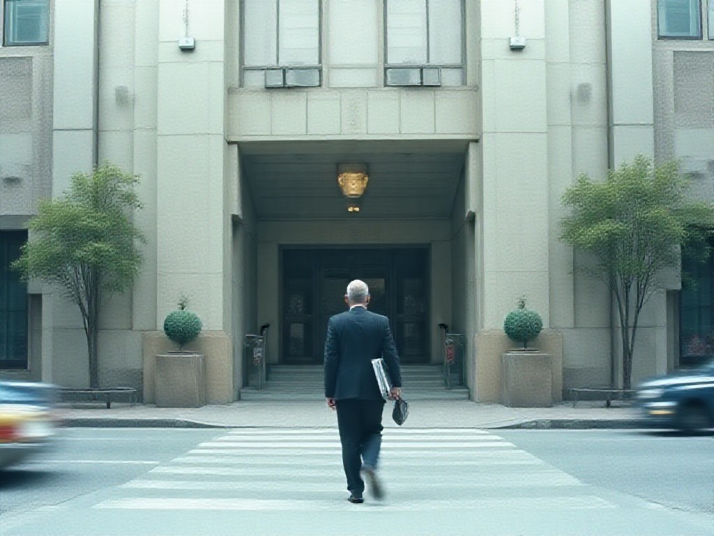 Hombre de traje camina frente al ingreso de tribunales federales de Comodoro Py en tarde nublada.