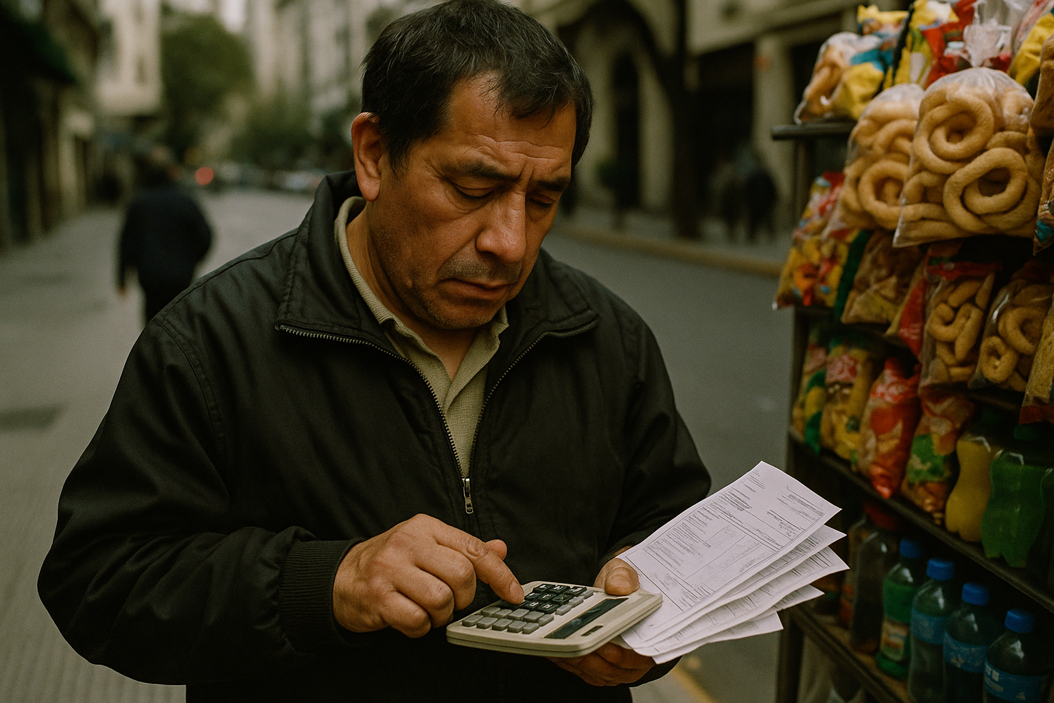 Un vendedor ambulante en Buenos Aires, Argentina, con una calculadora y un montón de facturas