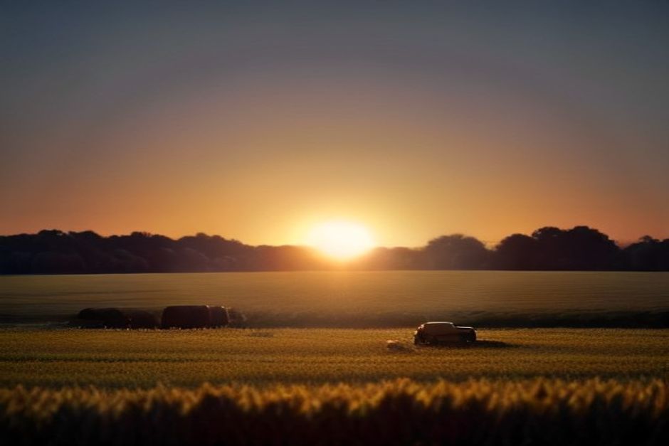 Un grupo de agricultores trabajando en un campo en el campo, con una tractor y una bodega en el fondo, durante la estación de cosecha en Argentina.