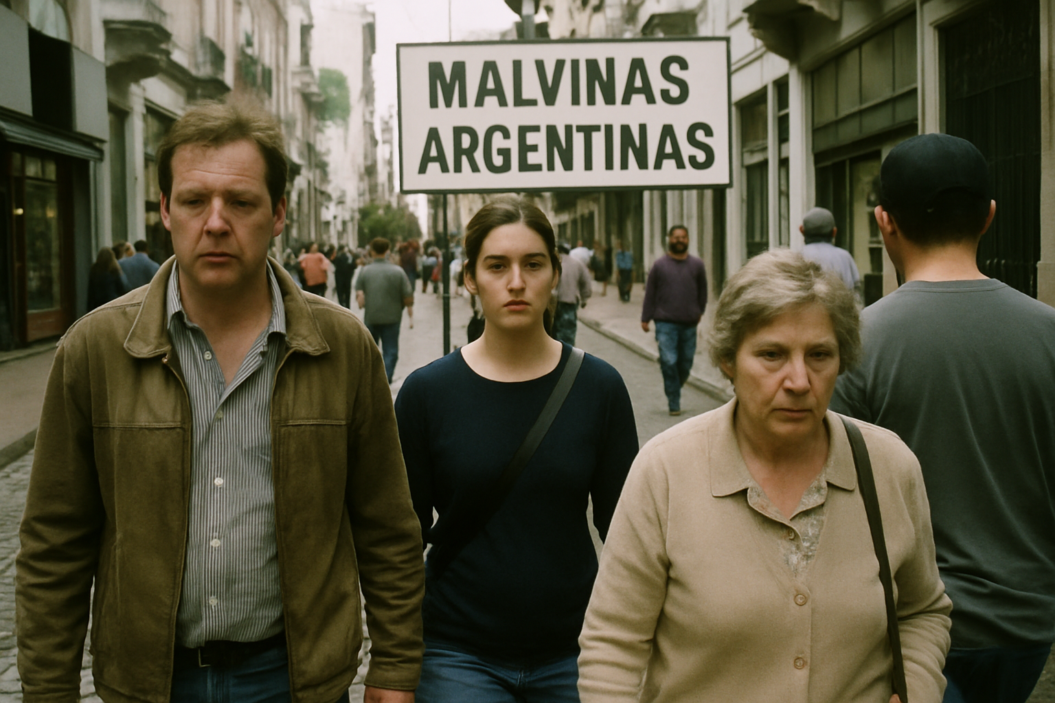Persona caminando en una calle empedrada con un cartel de Malvinas argentinas