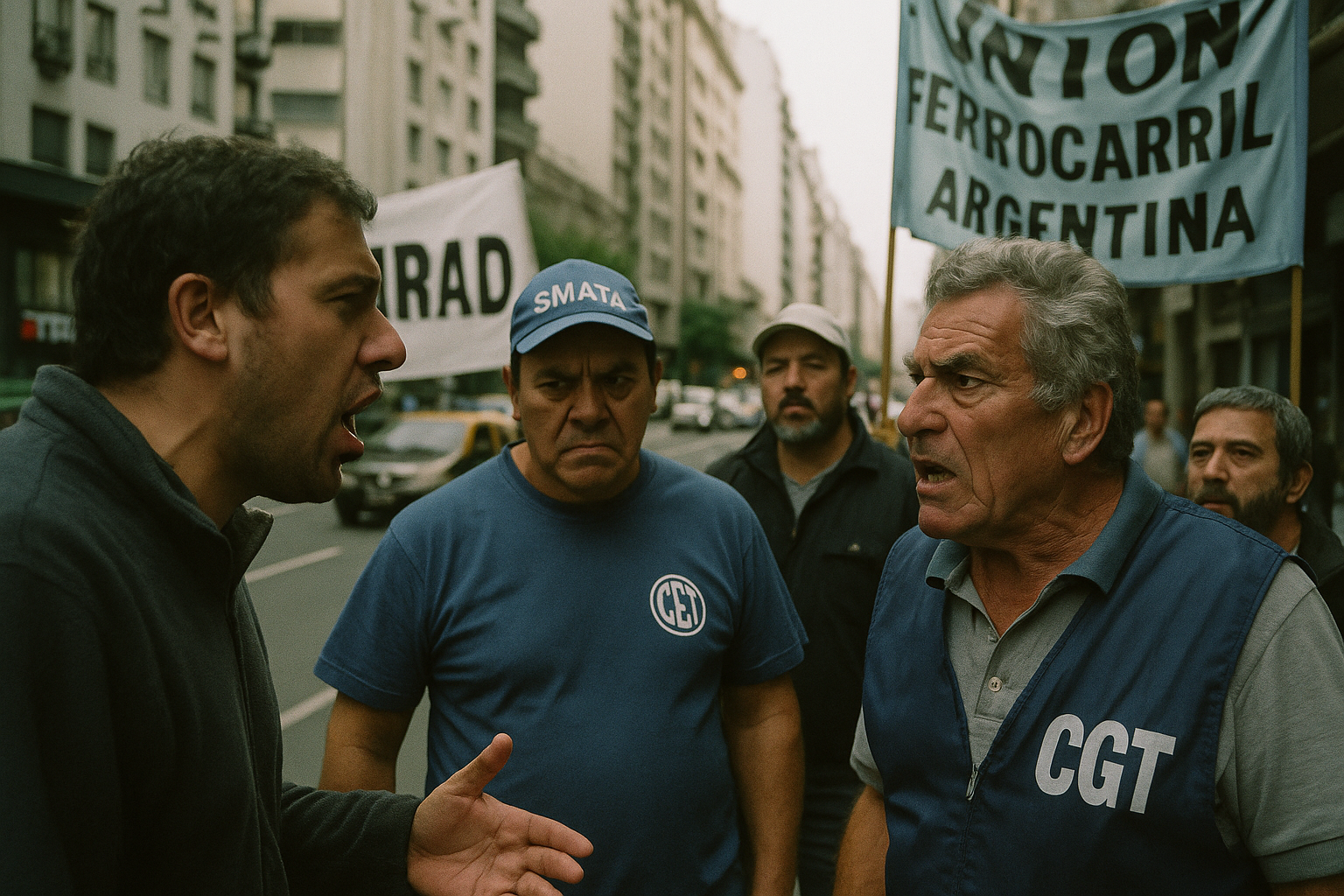 Grupo de trabajadores en discusión en la calle de Buenos Aires